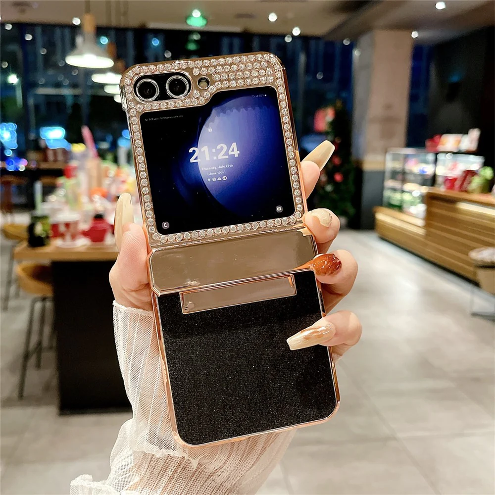 For Samsung Galaxy Z Flip7 FE 5G / Z Flip6 5G / Z Flip5 5G Case Glitter Bling PU Leather+Hard PC Phone Back Cover - Black