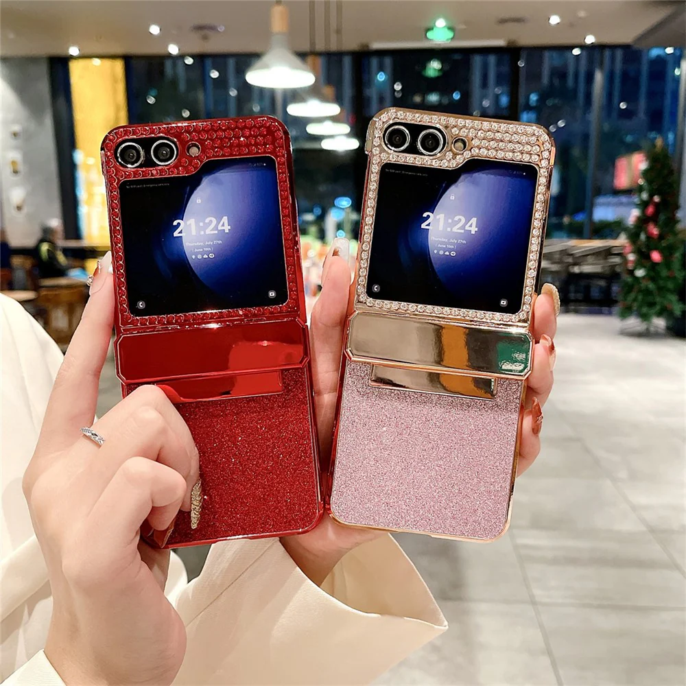For Samsung Galaxy Z Flip7 FE 5G / Z Flip6 5G / Z Flip5 5G Case Glitter Bling PU Leather+Hard PC Phone Back Cover - Pink - Image 4