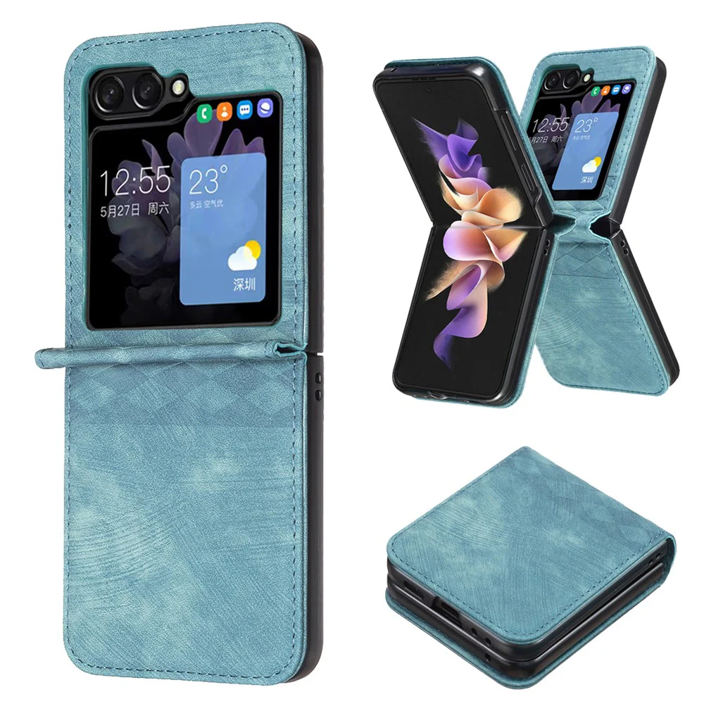 For Samsung Galaxy Z Flip7 FE 5G / Z Flip6 5G / Z Flip5 5G Case Grid Pattern Imprint Leather Shockproof Phone Cover - Green - Image 2