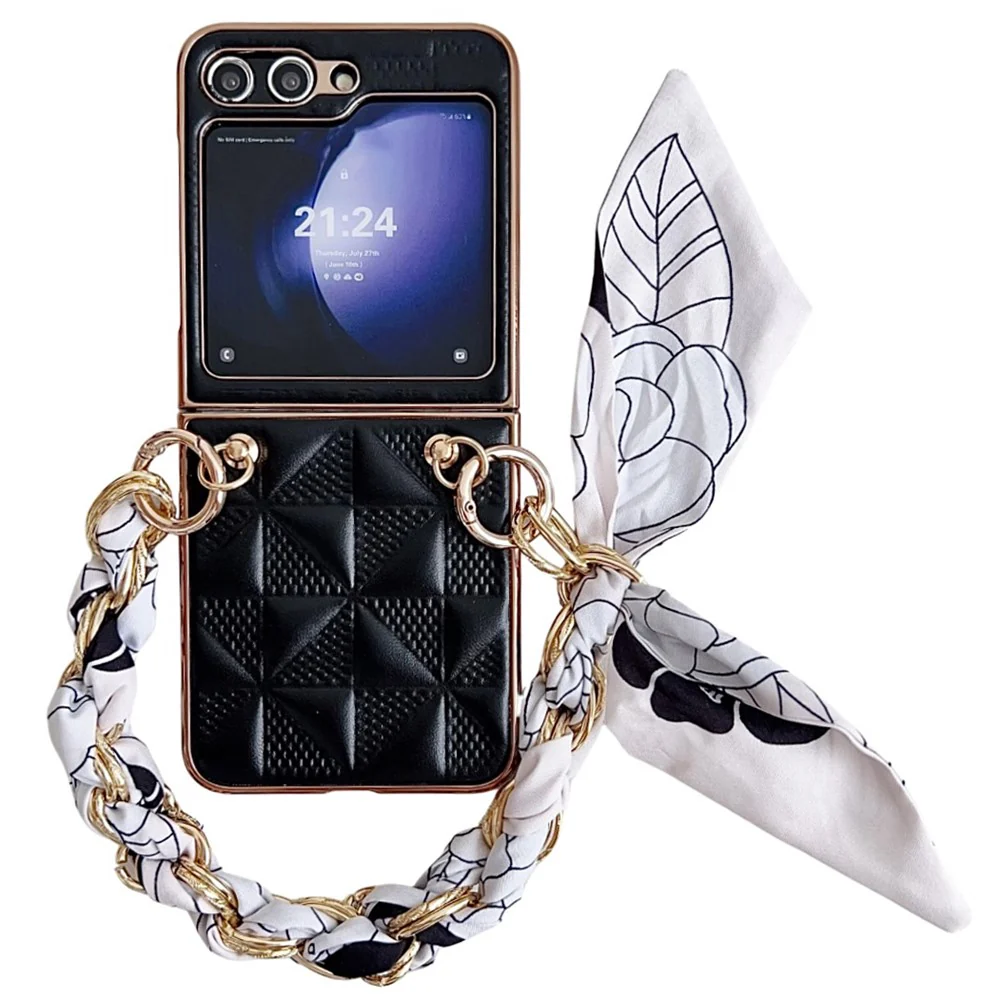 For Samsung Galaxy Z Flip7 FE 5G / Z Flip6 5G / Z Flip5 5G Case Grid Texture Leather + PC Bracelet Phone Cover - Black