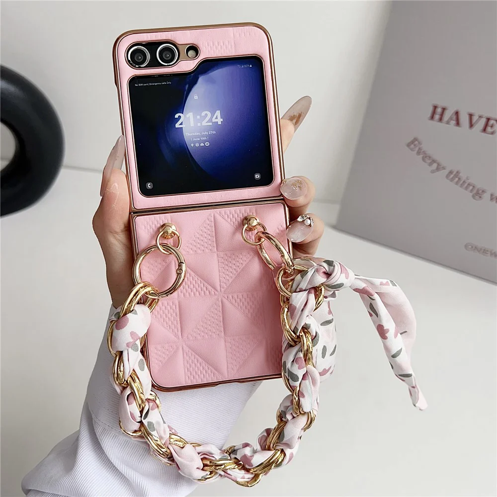 For Samsung Galaxy Z Flip7 FE 5G / Z Flip6 5G / Z Flip5 5G Case Grid Texture Leather + PC Bracelet Phone Cover - Pink - Image 2