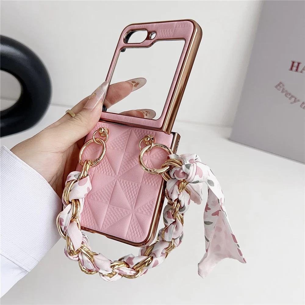 For Samsung Galaxy Z Flip7 FE 5G / Z Flip6 5G / Z Flip5 5G Case Grid Texture Leather + PC Bracelet Phone Cover - Pink - Image 6
