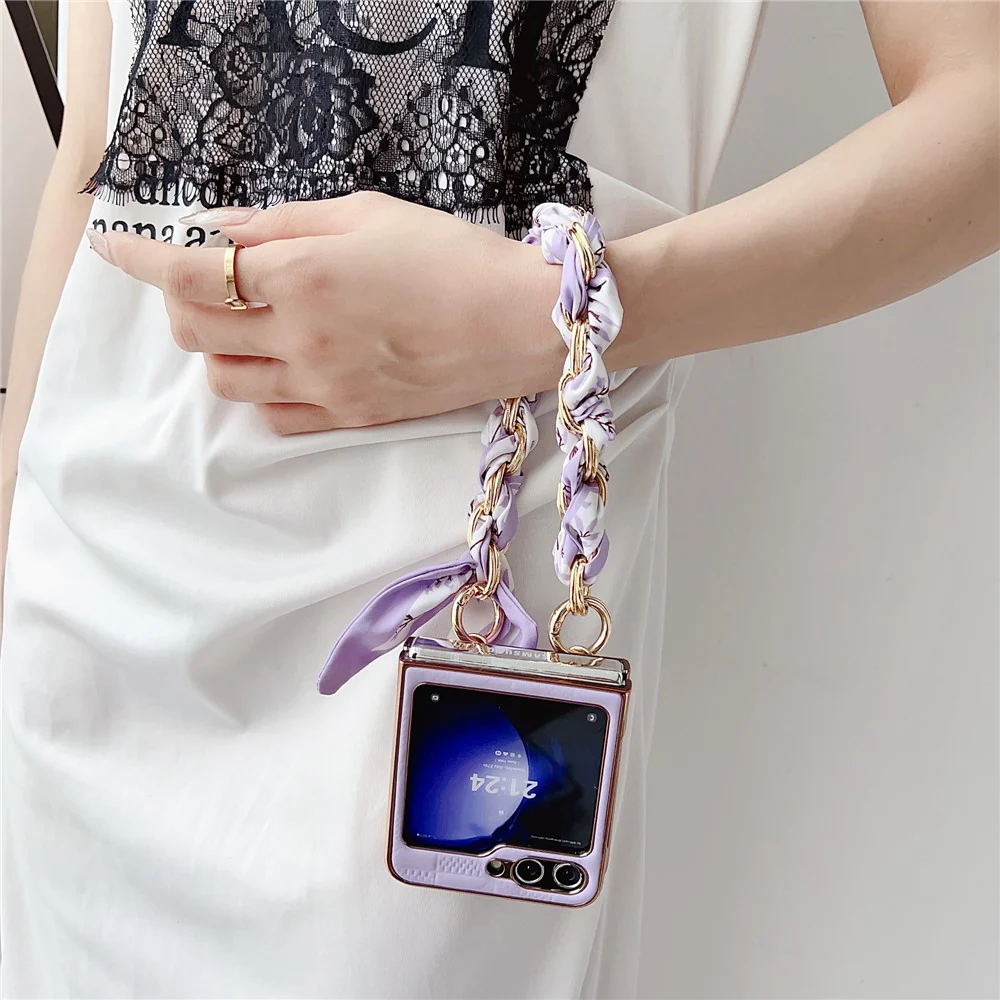 For Samsung Galaxy Z Flip7 FE 5G / Z Flip6 5G / Z Flip5 5G Case Grid Texture Leather + PC Bracelet Phone Cover - Sapphire - Image 3