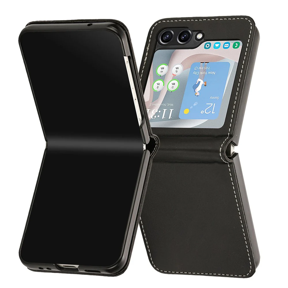 For Samsung Galaxy Z Flip7 FE 5G / Z Flip6 5G / Z Flip5 5G Case PU Leather Hard PC Phone Cover Calf Texture - Black - Image 2