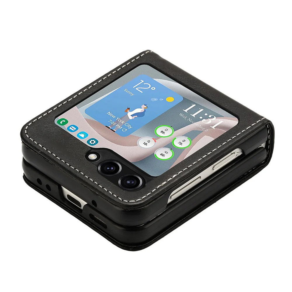 For Samsung Galaxy Z Flip7 FE 5G / Z Flip6 5G / Z Flip5 5G Case PU Leather Hard PC Phone Cover Calf Texture - Black - Image 3