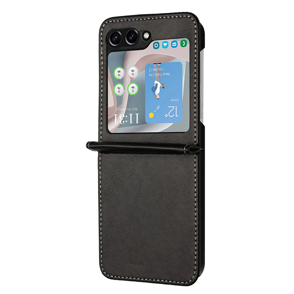 For Samsung Galaxy Z Flip7 FE 5G / Z Flip6 5G / Z Flip5 5G Case PU Leather Hard PC Phone Cover Calf Texture - Black - Image 5