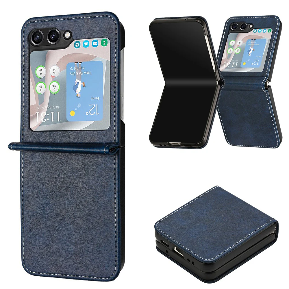 For Samsung Galaxy Z Flip7 FE 5G / Z Flip6 5G / Z Flip5 5G Case PU Leather Hard PC Phone Cover Calf Texture - Sapphire