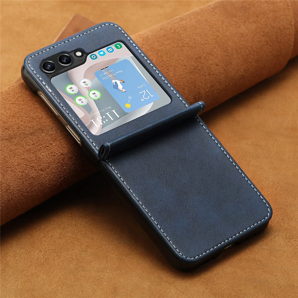 For Samsung Galaxy Z Flip7 FE 5G / Z Flip6 5G / Z Flip5 5G Case PU Leather Hard PC Phone Cover Calf Texture - Sapphire - Image 8