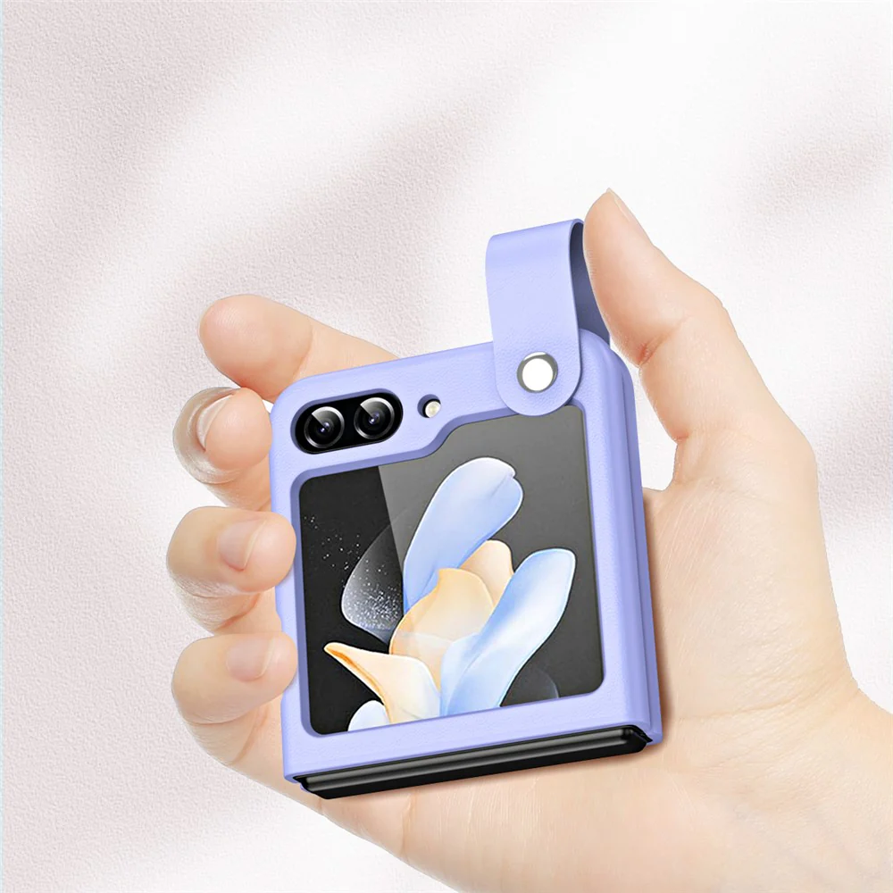 For Samsung Galaxy Z Flip7 FE 5G / Z Flip6 5G / Z Flip5 5G Case PU Leather + PC Phone Cover with Grip Strap - Purple - Image 5