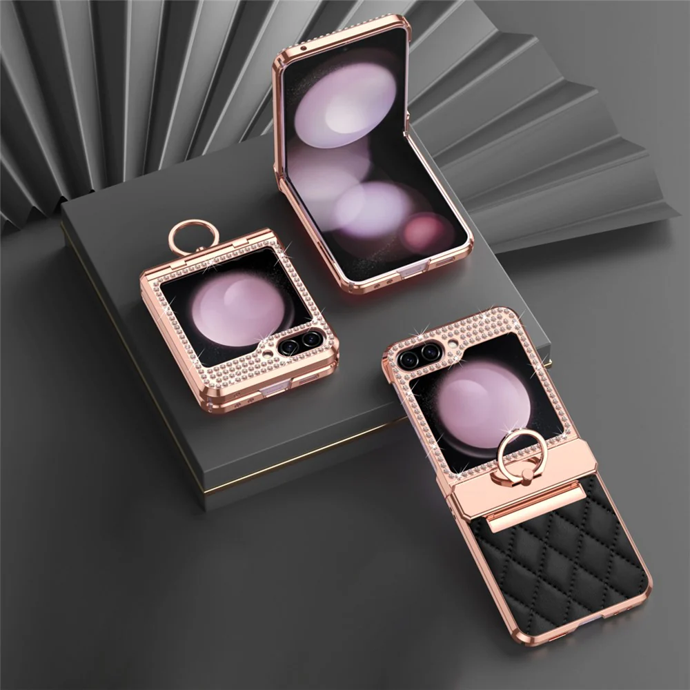 For Samsung Galaxy Z Flip7 FE 5G / Z Flip6 5G / Z Flip5 5G Case Rhinestone Decor Leather+PC Rhombus Phone Cover - Black - Image 3