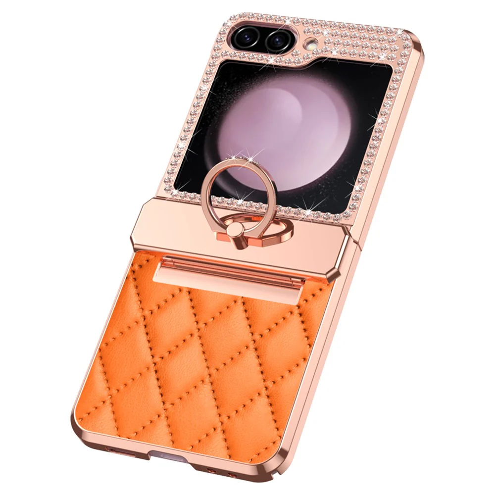 For Samsung Galaxy Z Flip7 FE 5G / Z Flip6 5G / Z Flip5 5G Case Rhinestone Decor Leather+PC Rhombus Phone Cover - Orange - Image 2