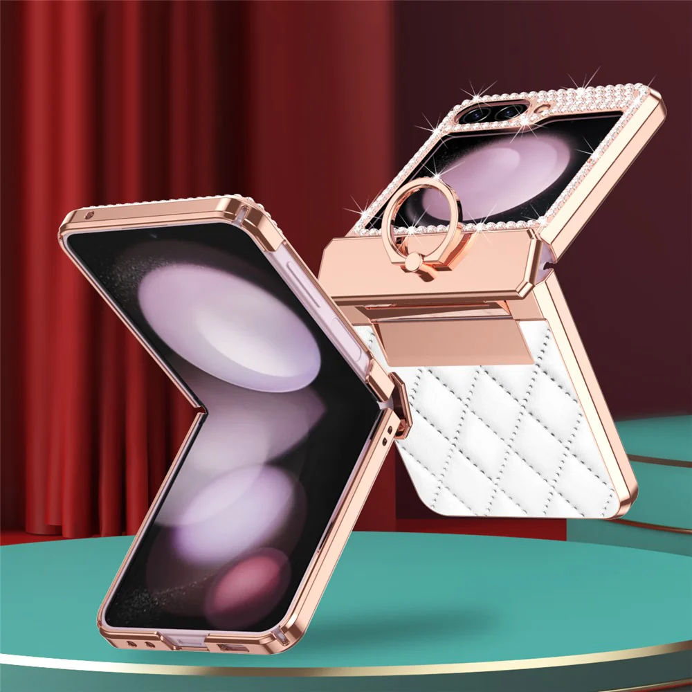 For Samsung Galaxy Z Flip7 FE 5G / Z Flip6 5G / Z Flip5 5G Case Rhinestone Decor Leather+PC Rhombus Phone Cover - White - Image 5