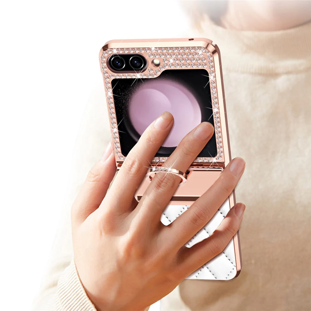 For Samsung Galaxy Z Flip7 FE 5G / Z Flip6 5G / Z Flip5 5G Case Rhinestone Decor Leather+PC Rhombus Phone Cover - White - Image 7