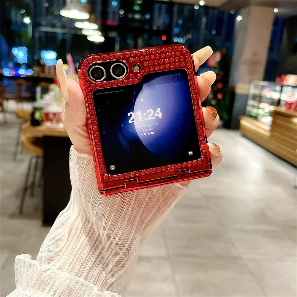 For Samsung Galaxy Z Flip7 FE 5G / Z Flip6 5G / Z Flip5 5G Case Rhinestones Decor Hard PC Folding Phone Cover - Red - Image 3