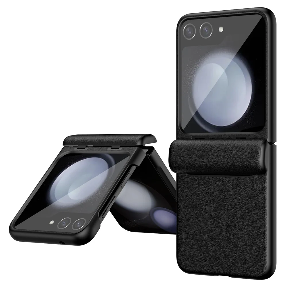 For Samsung Galaxy Z Flip7 FE 5G / Z Flip6 5G / Z Flip5 5G Case Textured Leather + PC Hinge Protection Phone Cover - Black
