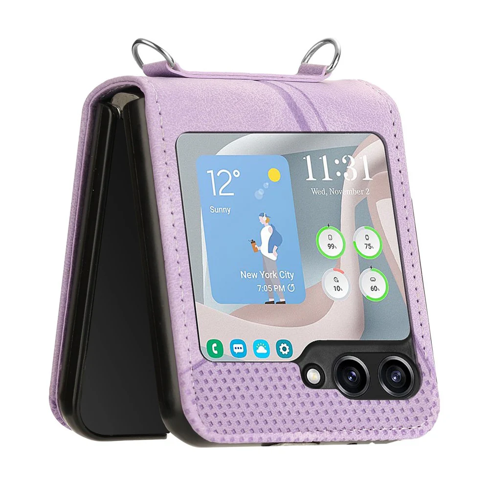 For Samsung Galaxy Z Flip7 FE 5G / Z Flip6 5G / Z Flip5 5G Case Triangle Patterns PU Leather Hard PC Crossbody Phone Cover - Purple - Image 6