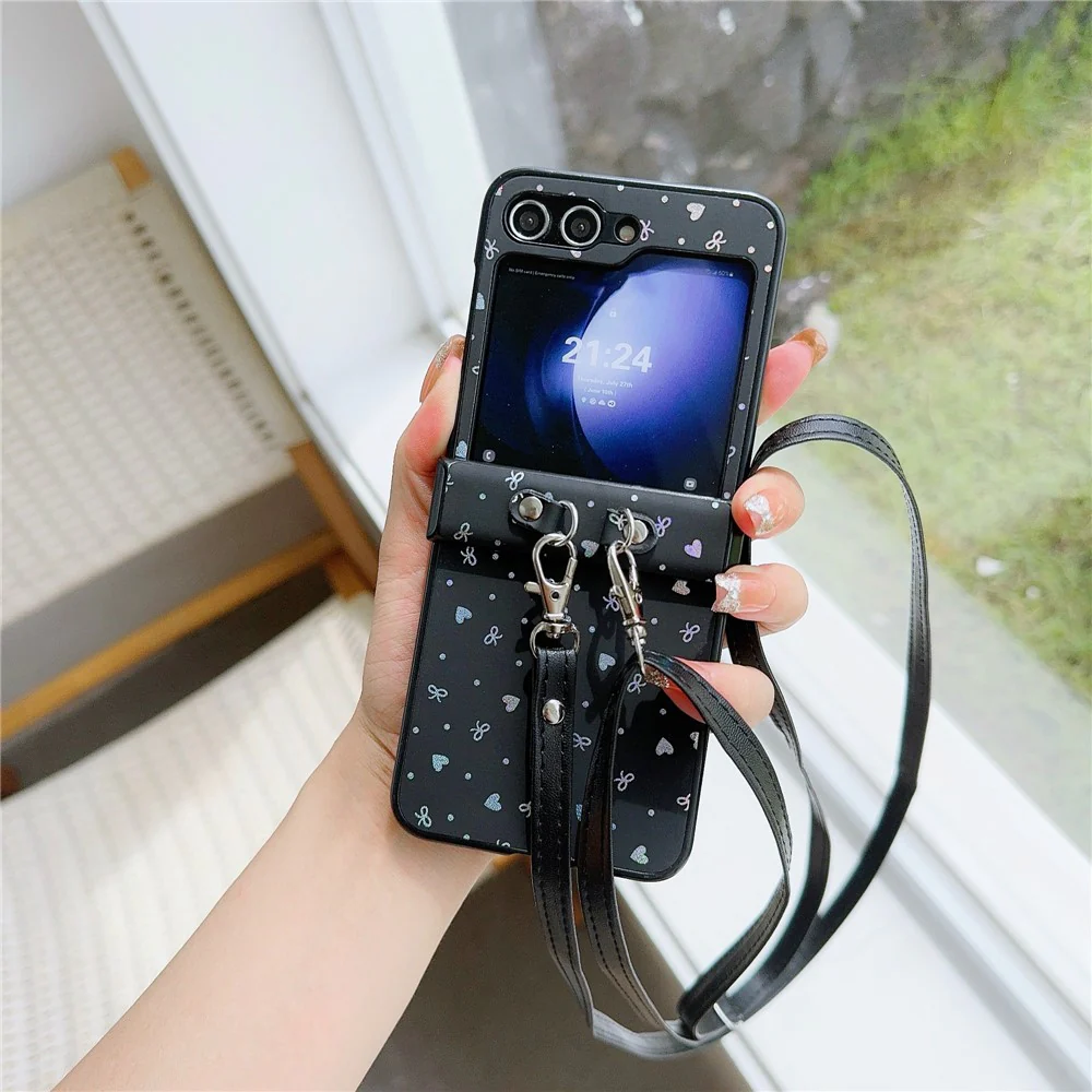 For Samsung Galaxy Z Flip7 FE 5G / Z Flip6 5G / Z Flip5 5G Heart and Bowknot Pattern PU Leather + PC Phone Cover with Crossbody Strap - Black