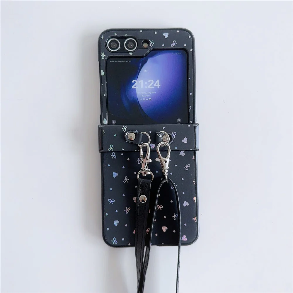 For Samsung Galaxy Z Flip7 FE 5G / Z Flip6 5G / Z Flip5 5G Heart and Bowknot Pattern PU Leather + PC Phone Cover with Crossbody Strap - Black - Image 2
