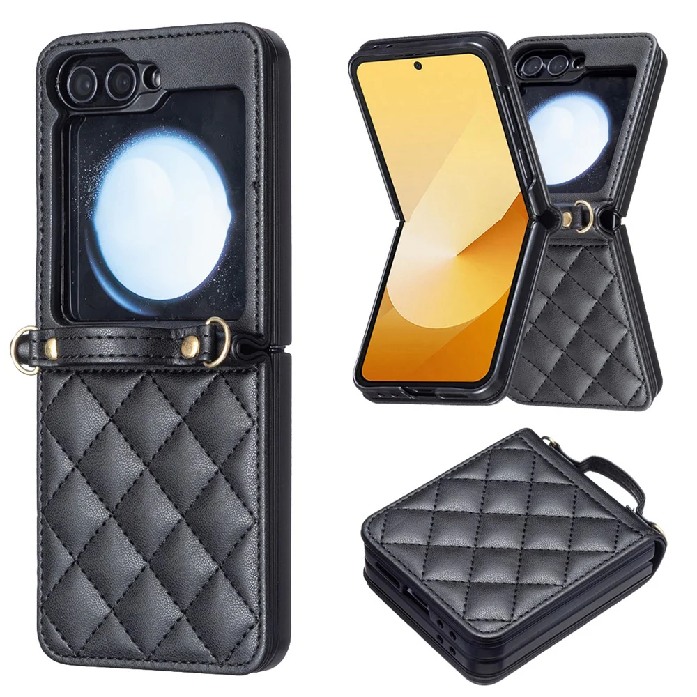 For Samsung Galaxy Z Flip7 FE 5G / Z Flip6 5G / Z Flip5 5G Leather Back Case Rhombus Phone Cover with Shoulder Strap - Black