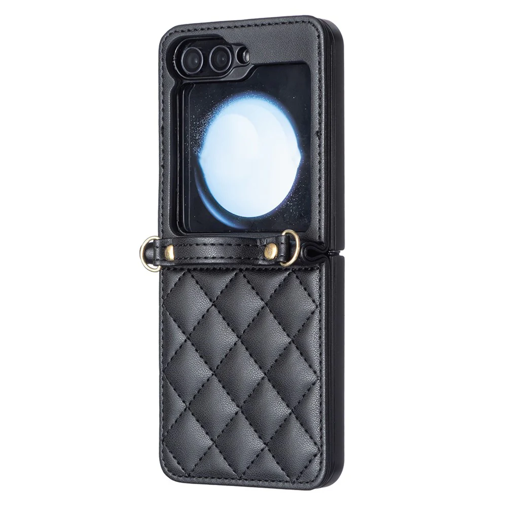 For Samsung Galaxy Z Flip7 FE 5G / Z Flip6 5G / Z Flip5 5G Leather Back Case Rhombus Phone Cover with Shoulder Strap - Black - Image 3