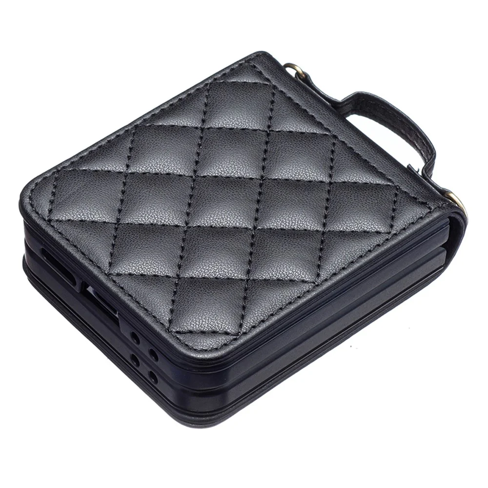 For Samsung Galaxy Z Flip7 FE 5G / Z Flip6 5G / Z Flip5 5G Leather Back Case Rhombus Phone Cover with Shoulder Strap - Black - Image 6