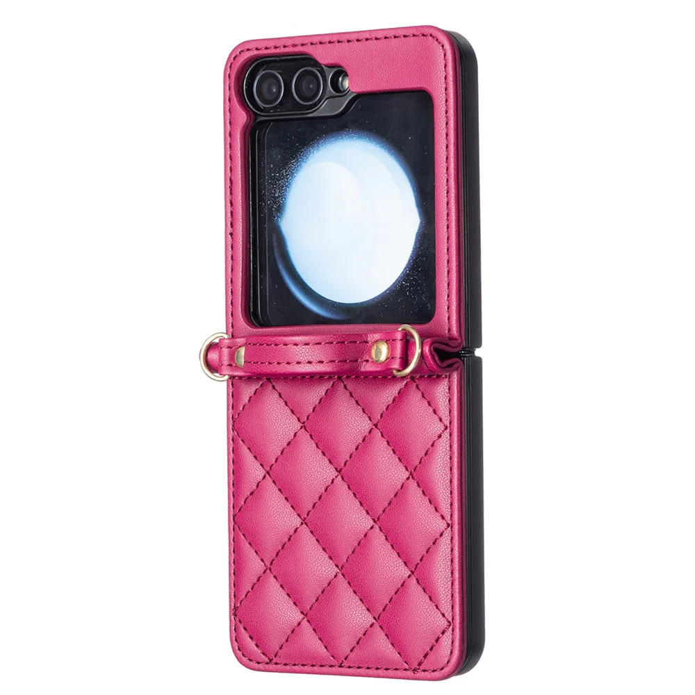 For Samsung Galaxy Z Flip7 FE 5G / Z Flip6 5G / Z Flip5 5G Leather Back Case Rhombus Phone Cover with Shoulder Strap - Rose - Image 3