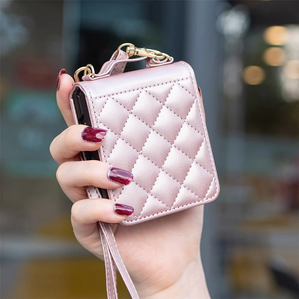 For Samsung Galaxy Z Flip7 FE 5G / Z Flip6 5G / Z Flip5 5G Leather Back Case Rhombus Phone Cover with Shoulder Strap - Rose Gold - Image 5
