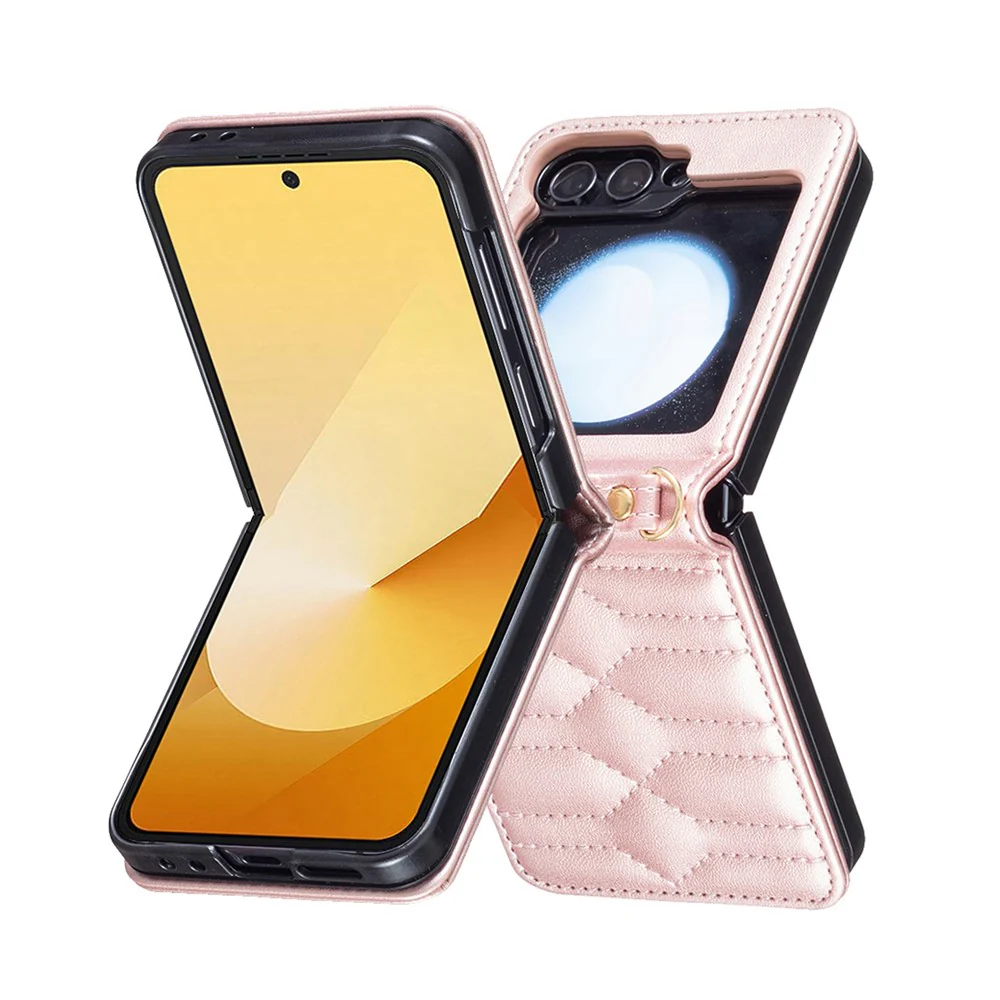 For Samsung Galaxy Z Flip7 FE 5G / Z Flip6 5G / Z Flip5 5G Leather Case V-Shape Grip Back Cover with Shoulder Strap - Rose Gold - Image 2