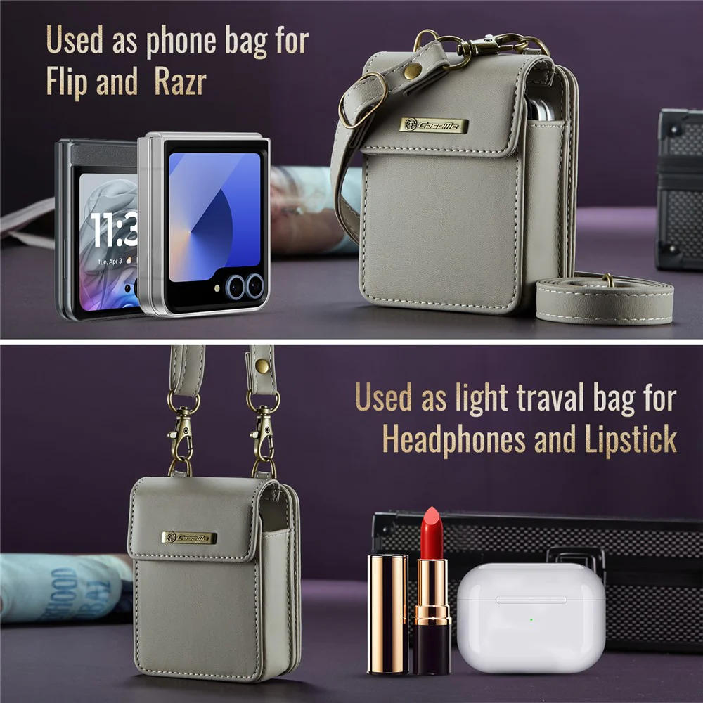 For Samsung Galaxy Z Flip7 FE 5G / Z Flip7 5G / Z Flip6 5G / Z Flip5 5G Leather Mobile Phone Bag RFID Blocking Wallet Pouch with Strap - Grey - Image 5