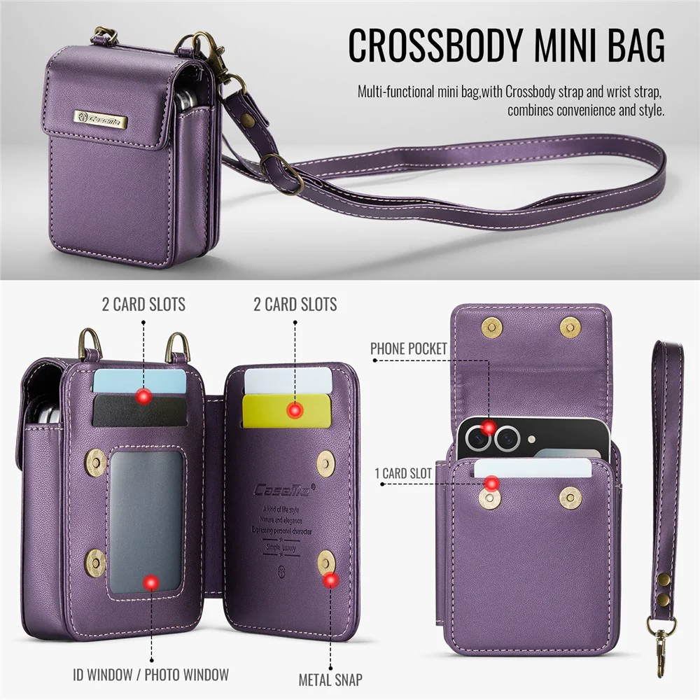 For Samsung Galaxy Z Flip7 FE 5G / Z Flip7 5G / Z Flip6 5G / Z Flip5 5G Leather Mobile Phone Bag RFID Blocking Wallet Pouch with Strap - Purple - Image 7