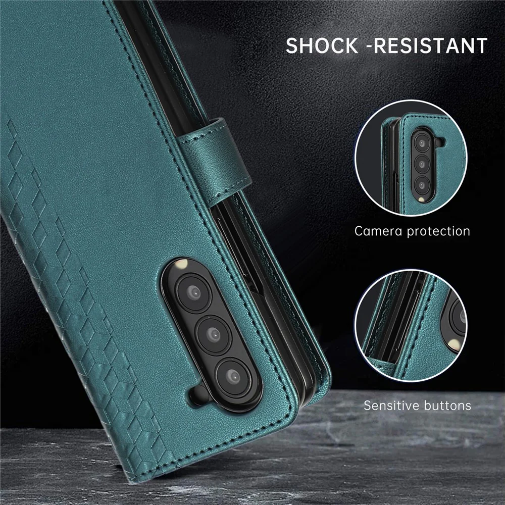 For Samsung Galaxy Z Fold7 5G Case 3D Rhombus Grid Imprinted Wallet Leather Phone Cover with Lanyard - Green - Image 6
