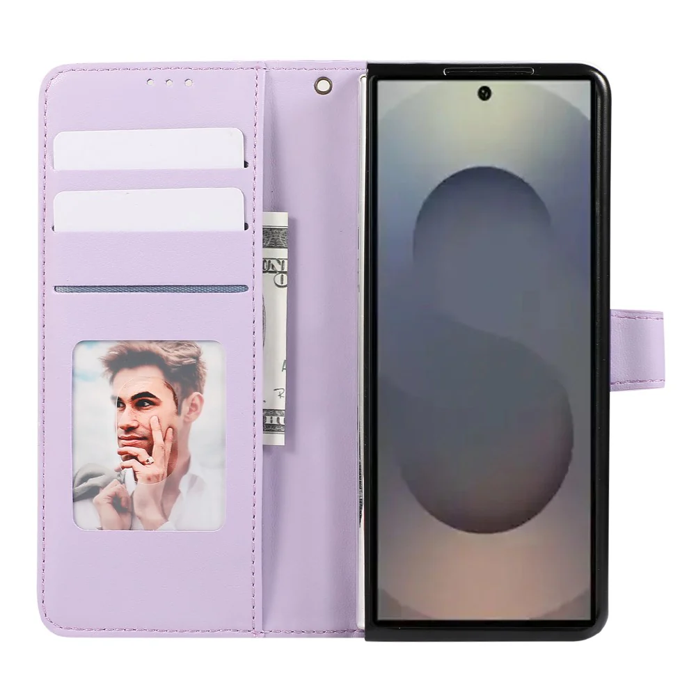 For Samsung Galaxy Z Fold7 5G Case 3D Rhombus Grid Imprinted Wallet Leather Phone Cover with Lanyard - Purple - Image 2