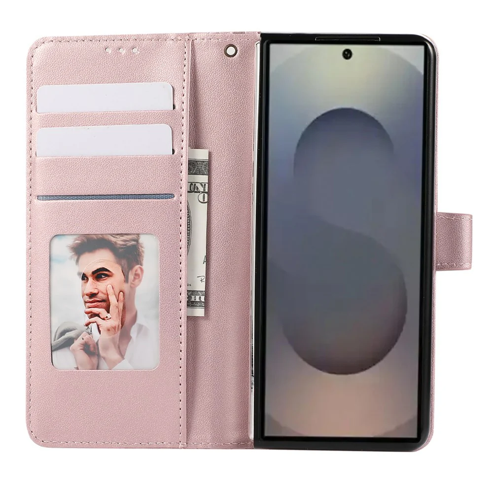For Samsung Galaxy Z Fold7 5G Case 3D Rhombus Grid Imprinted Wallet Leather Phone Cover with Lanyard - Rose Gold - Image 2