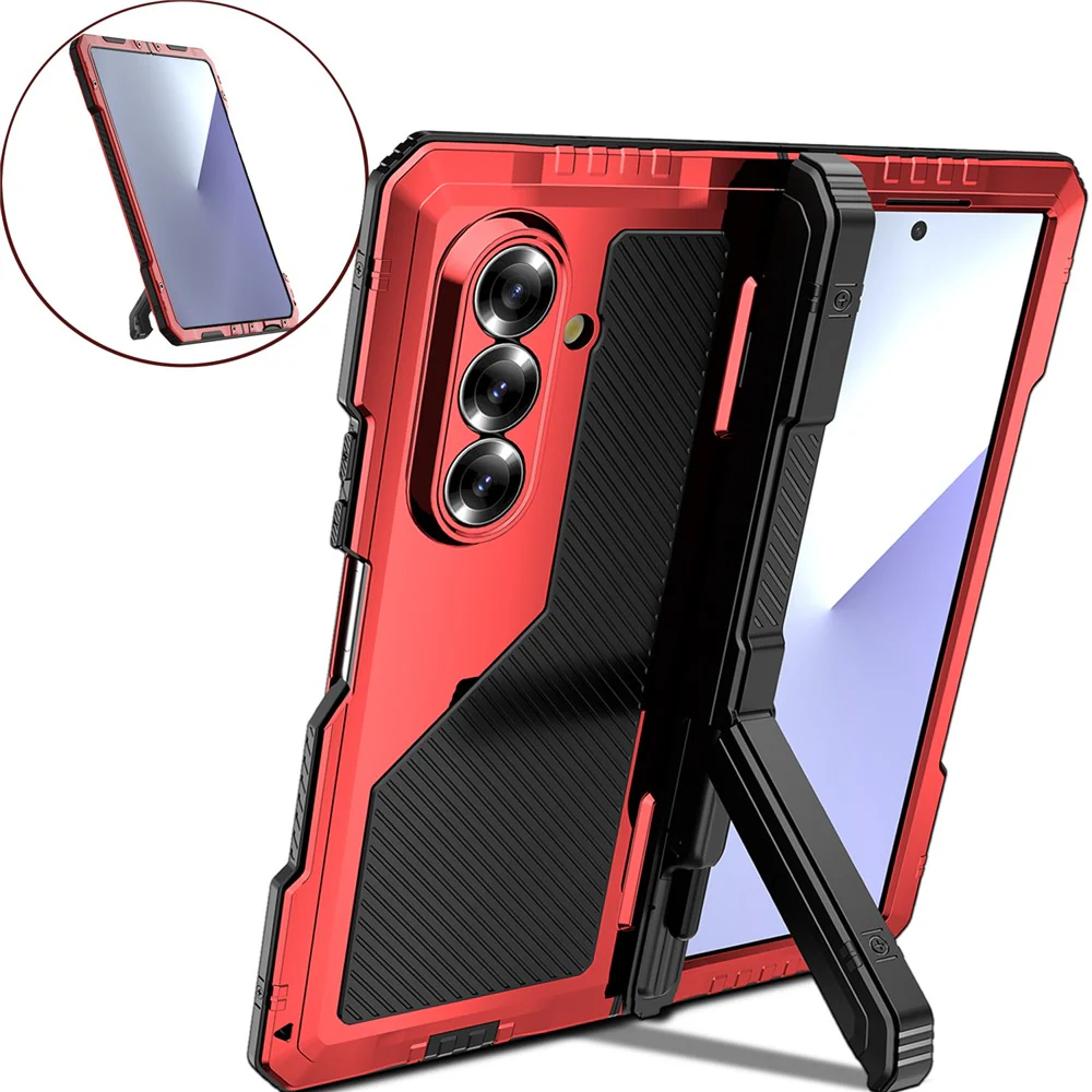 For Samsung Galaxy Z Fold7 5G Case Aluminium Alloy + Silicone Kickstand Cover with PET Screen Film - Red - Image 2