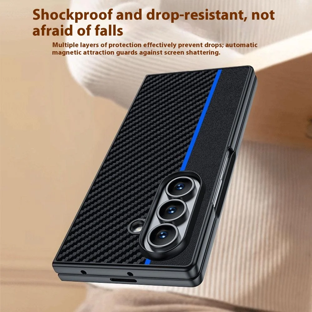 For Samsung Galaxy Z Fold7 5G Case Carbon Fiber Texture Leather + PC Anti-Drop Folding Phone Cover - Black / Yellow - Image 2