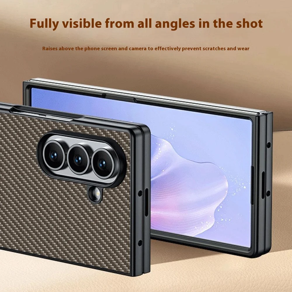 For Samsung Galaxy Z Fold7 5G Case Carbon Fiber Texture Leather + PC Anti-Drop Folding Phone Cover - Gold - Image 3
