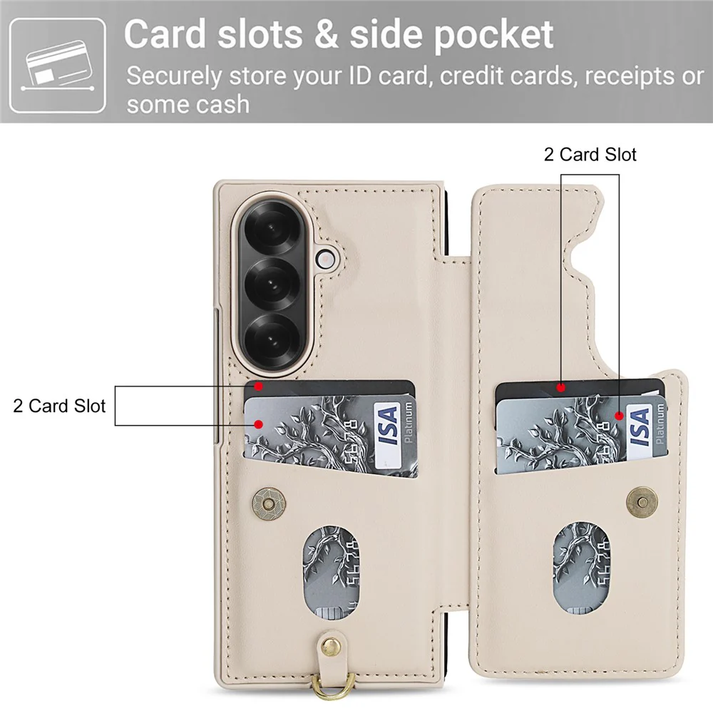 For Samsung Galaxy Z Fold7 5G Case Card Slots Leather Coated TPU Flower Phone Cover with 2 Straps - Beige - Image 6