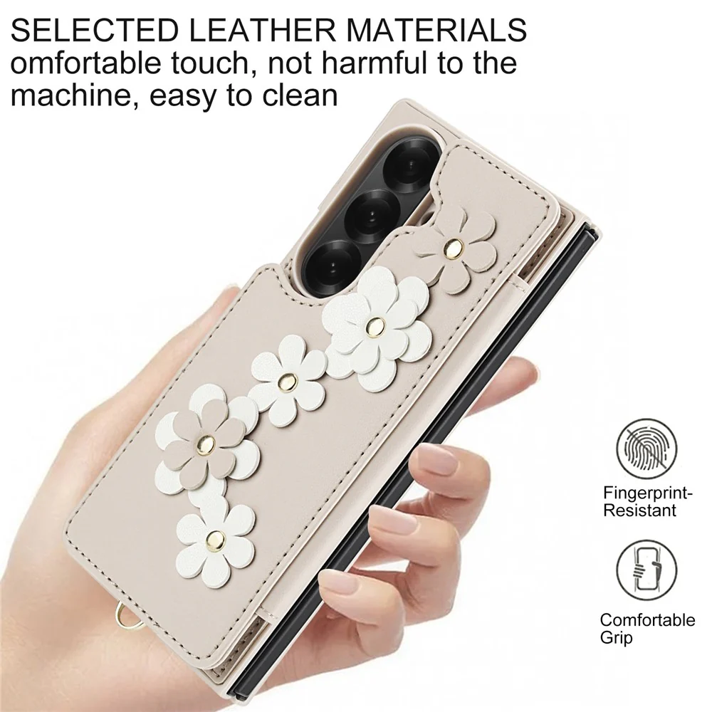 For Samsung Galaxy Z Fold7 5G Case Card Slots Leather Coated TPU Flower Phone Cover with 2 Straps - Beige - Image 7