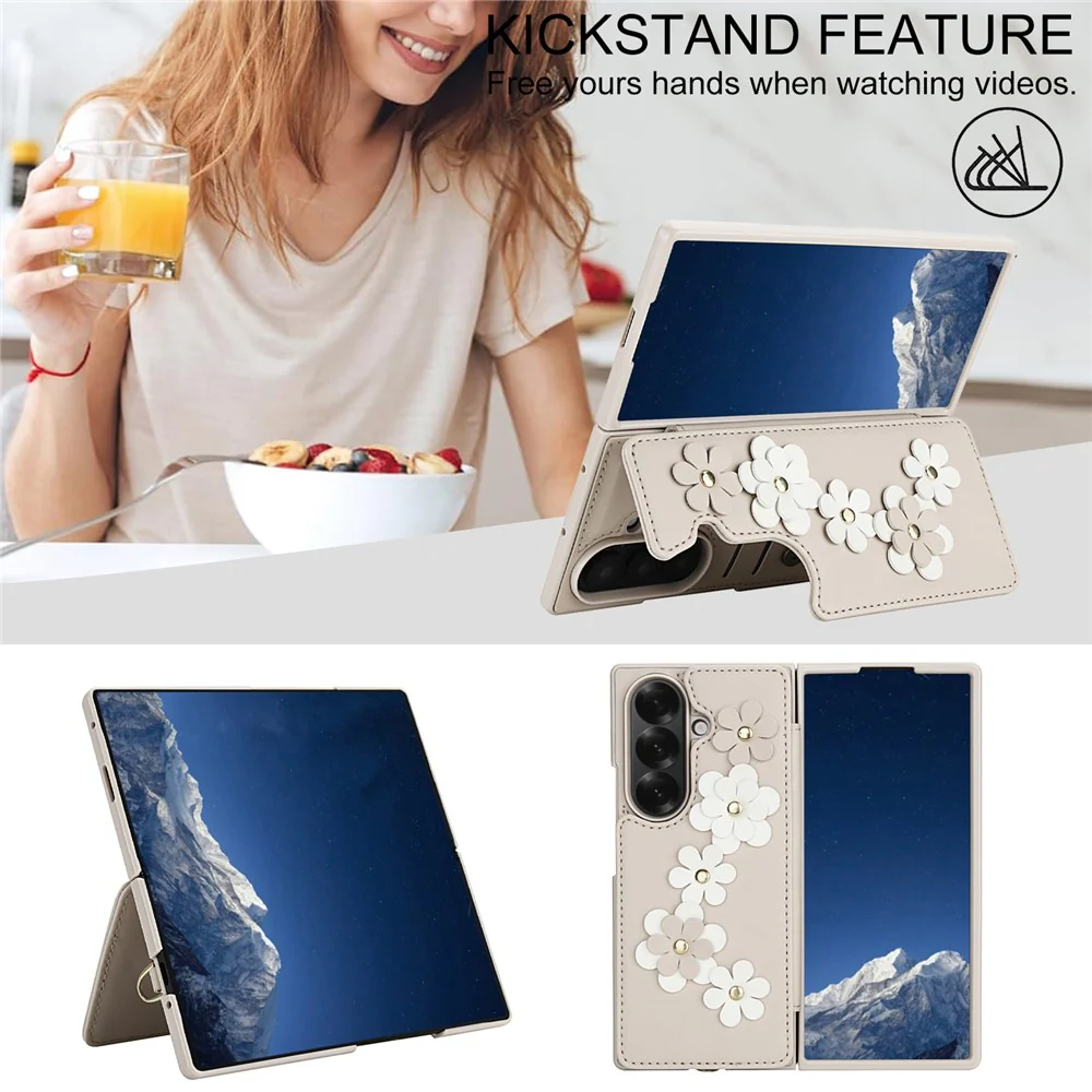 For Samsung Galaxy Z Fold7 5G Case Card Slots Leather Coated TPU Flower Phone Cover with 2 Straps - Beige - Image 8