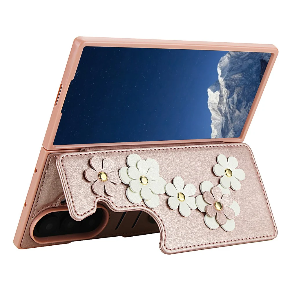 For Samsung Galaxy Z Fold7 5G Case Card Slots Leather Coated TPU Flower Phone Cover with 2 Straps - Pink - Image 4