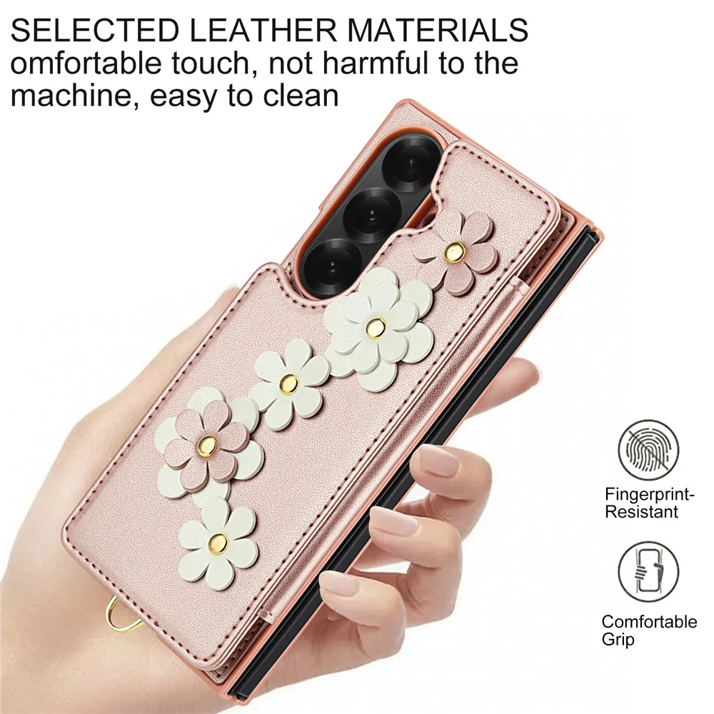 For Samsung Galaxy Z Fold7 5G Case Card Slots Leather Coated TPU Flower Phone Cover with 2 Straps - Pink - Image 7