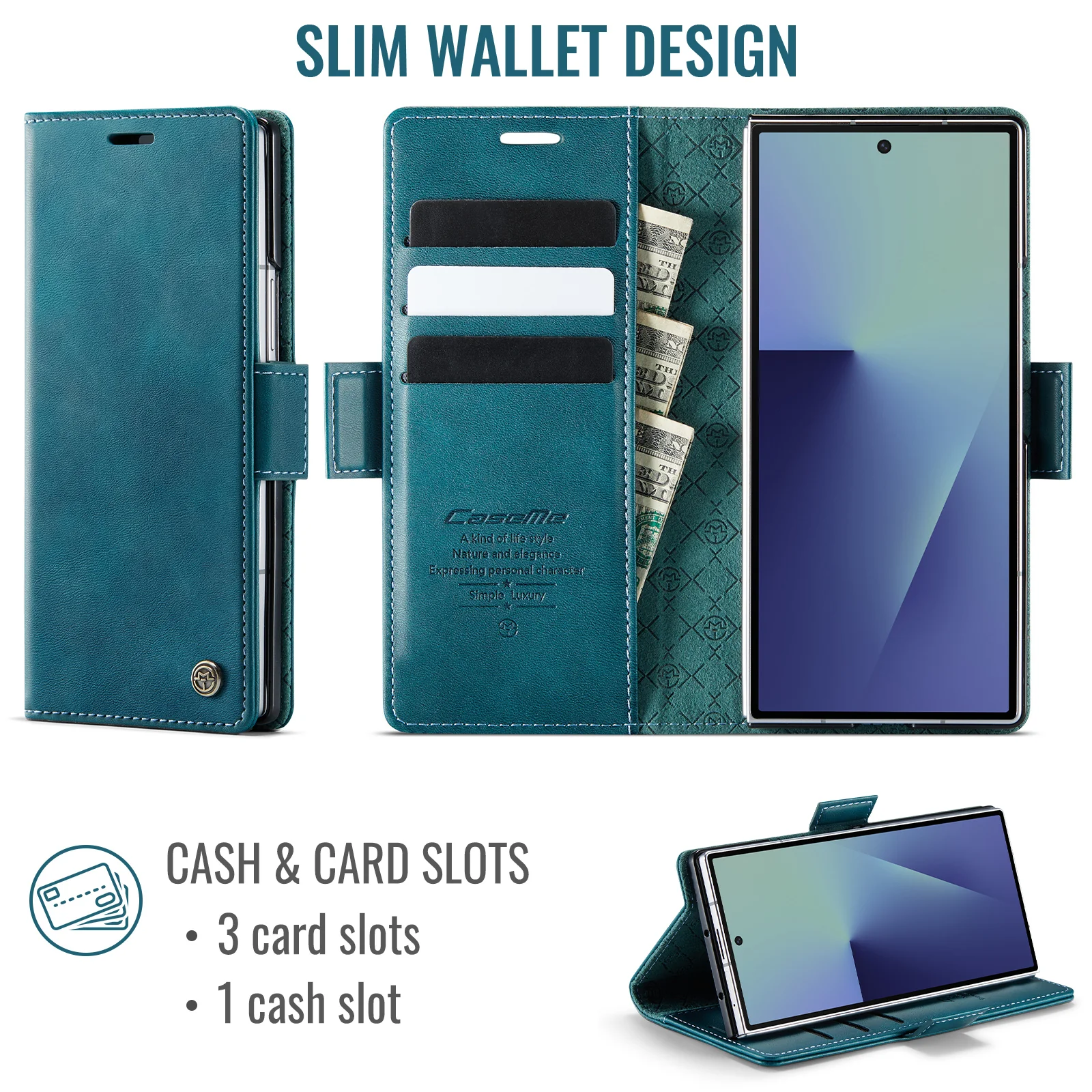 For Samsung Galaxy Z Fold7 5G Case CASEME 033 Series RFID Blocking Wallet Stand Calf Texture Leather Phone Cover - Green - Image 2