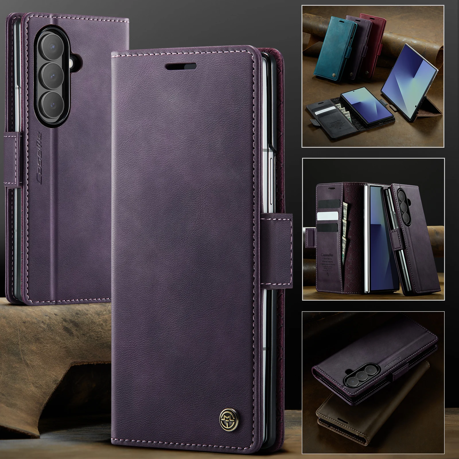 For Samsung Galaxy Z Fold7 5G Case CASEME 033 Series RFID Blocking Wallet Stand Calf Texture Leather Phone Cover - Purple - Image 4