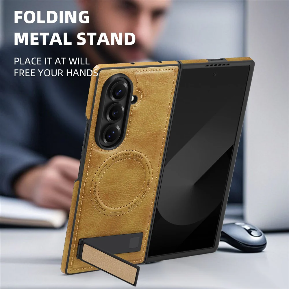 For Samsung Galaxy Z Fold7 5G Case Compatible with MagSafe Kickstand Leather Phone Back Cover - Brown - Image 7