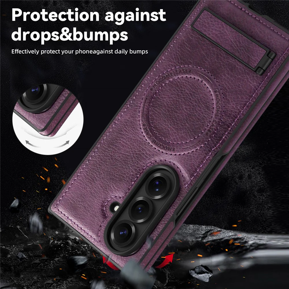 For Samsung Galaxy Z Fold7 5G Case Compatible with MagSafe Kickstand Leather Phone Back Cover - Dark Purple - Image 5