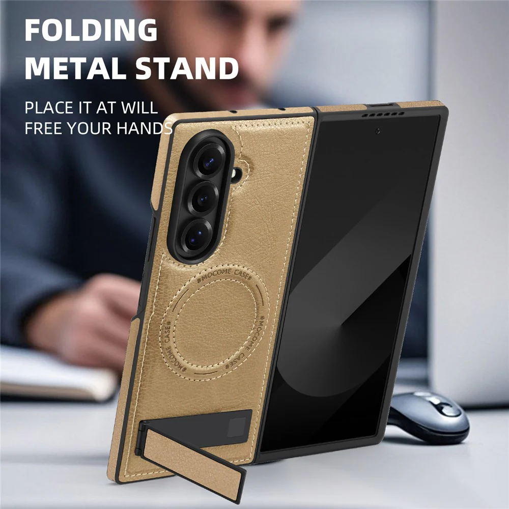 For Samsung Galaxy Z Fold7 5G Case Compatible with MagSafe Kickstand Leather Phone Back Cover - Desert Gold - Image 7