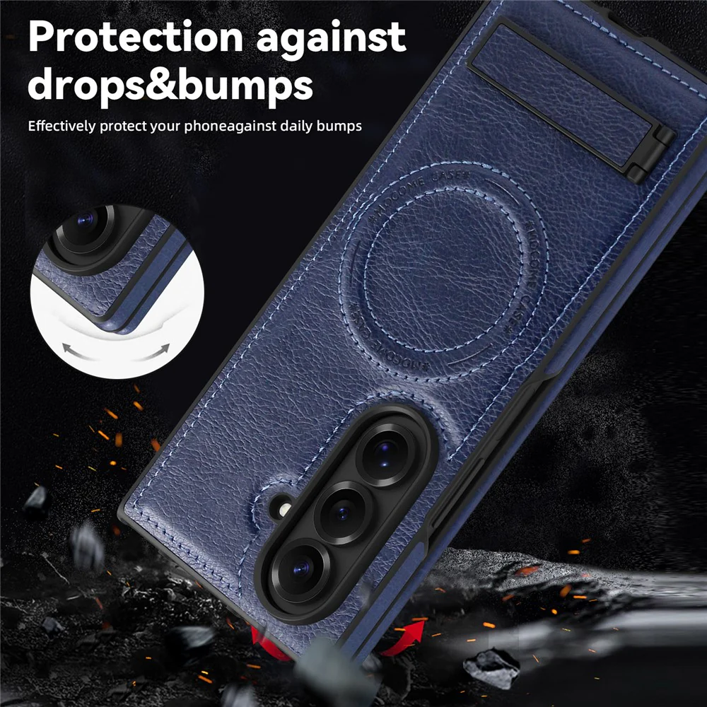 For Samsung Galaxy Z Fold7 5G Case Compatible with MagSafe Kickstand Leather Phone Back Cover - Sapphire - Image 5