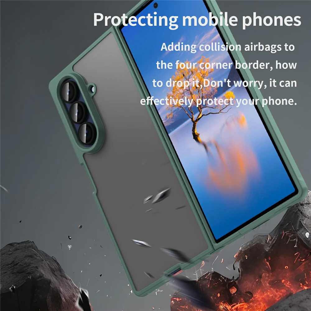For Samsung Galaxy Z Fold7 5G Case Drop Proof Airbags Frosted Translucent PC + TPU Phone Back Cover - Green - Image 3