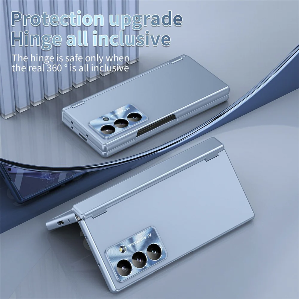 For Samsung Galaxy Z Fold7 5G Case Dual Hinge Electroplated PC Phone Cover with Tempered Glass Film / Stylus - Blue - Image 2