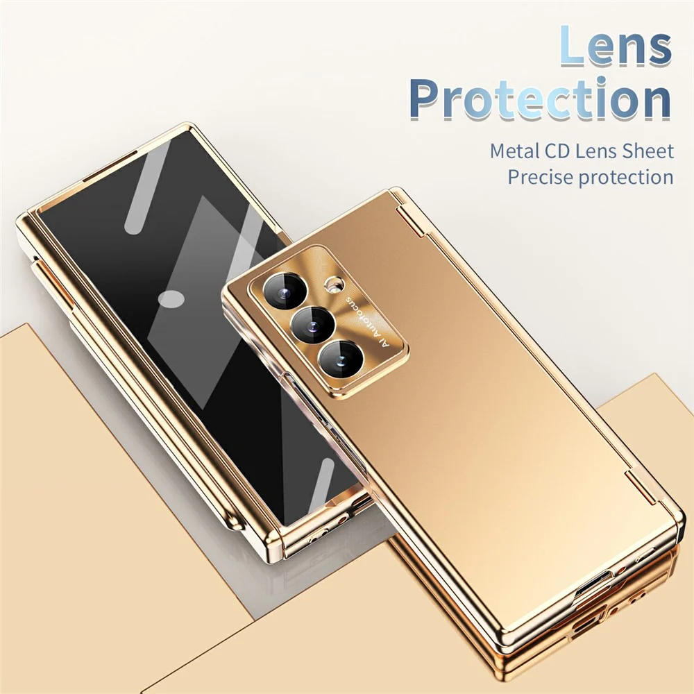 For Samsung Galaxy Z Fold7 5G Case Dual Hinge Electroplated PC Phone Cover with Tempered Glass Film / Stylus - Gold - Image 3